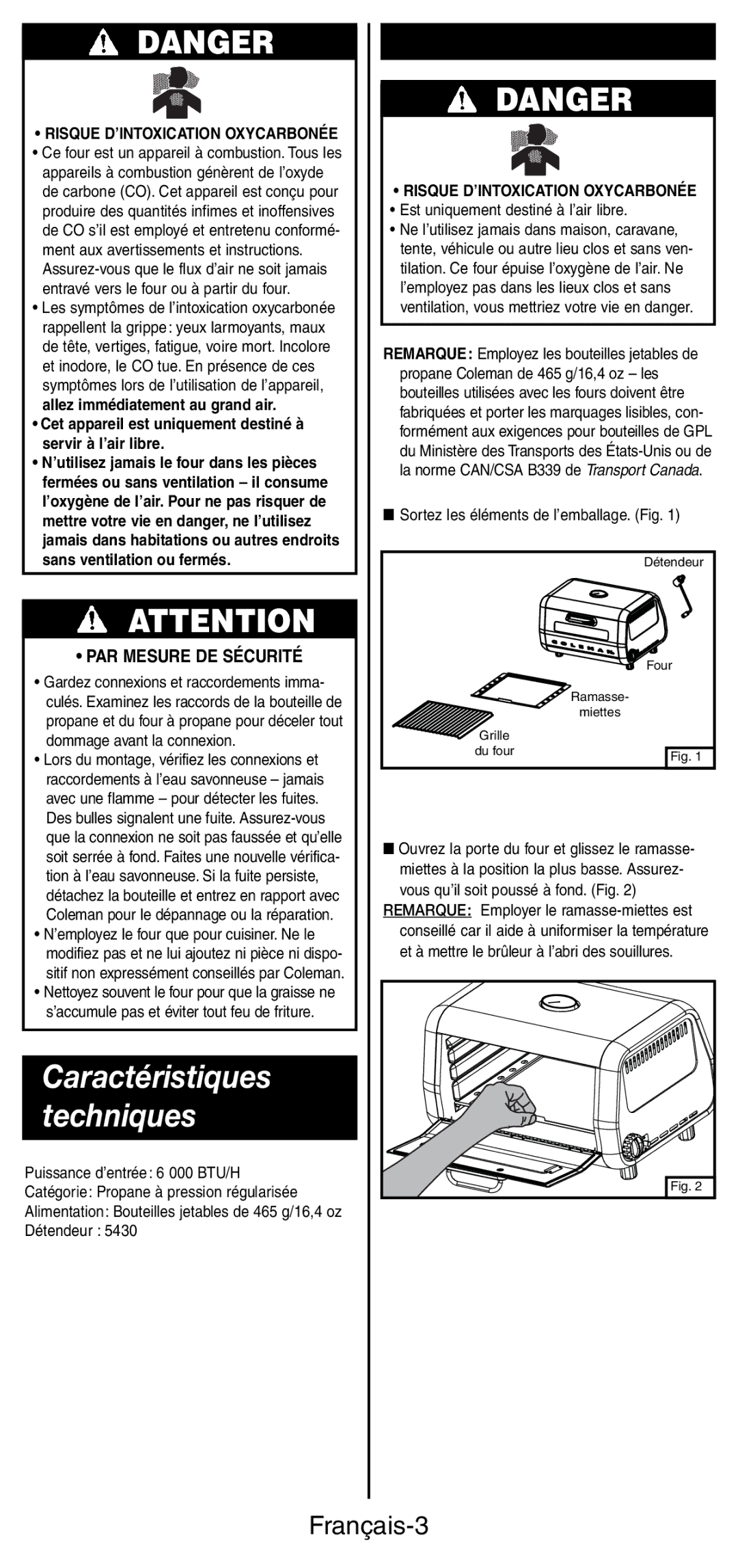 Coleman 9927 manual Français-3, PAR Mesure DE Sécurité, Risque D’INTOXICATION Oxycarbonée 