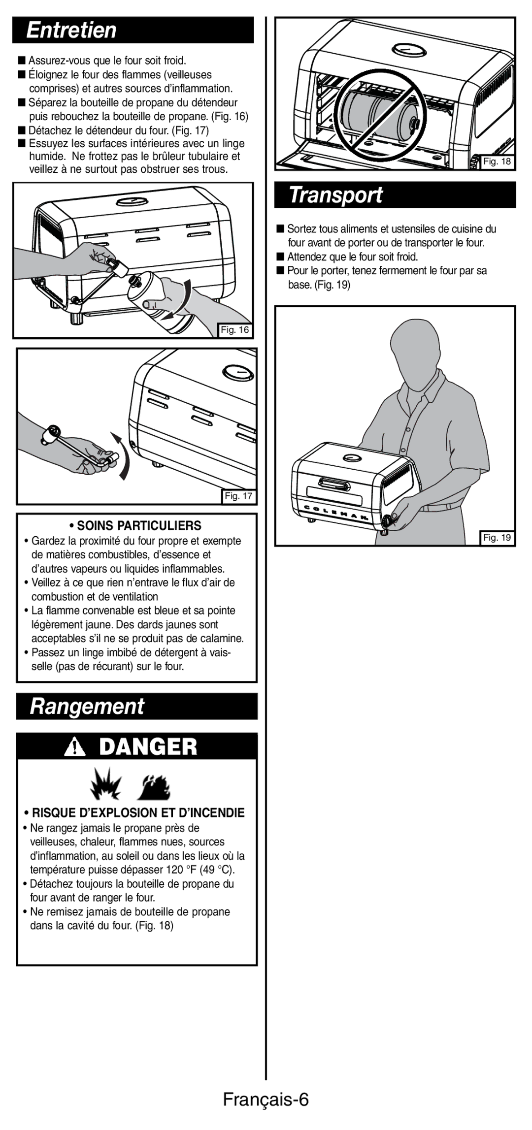 Coleman 9927 manual Entretien, Rangement, Transport, Français-6, Soins Particuliers 