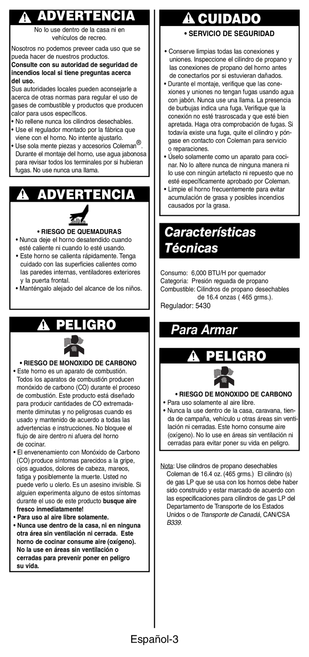 Coleman 9927 manual Características Técnicas, Para Armar, Español-3, Servicio DE Seguridad 