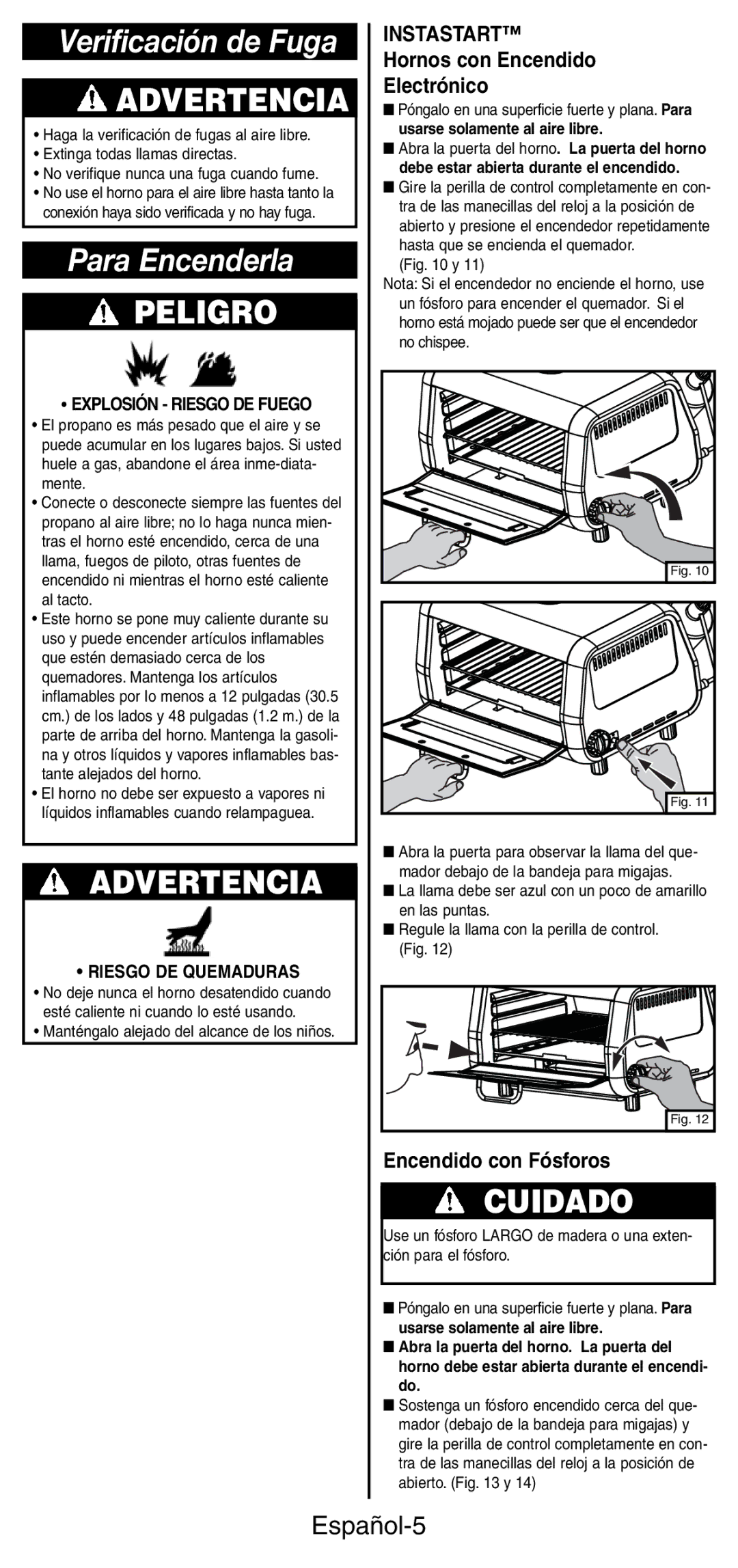 Coleman 9927 manual Verificación de Fuga, Para Encenderla, Español-5, Explosión Riesgo DE Fuego, Riesgo DE Quemaduras 