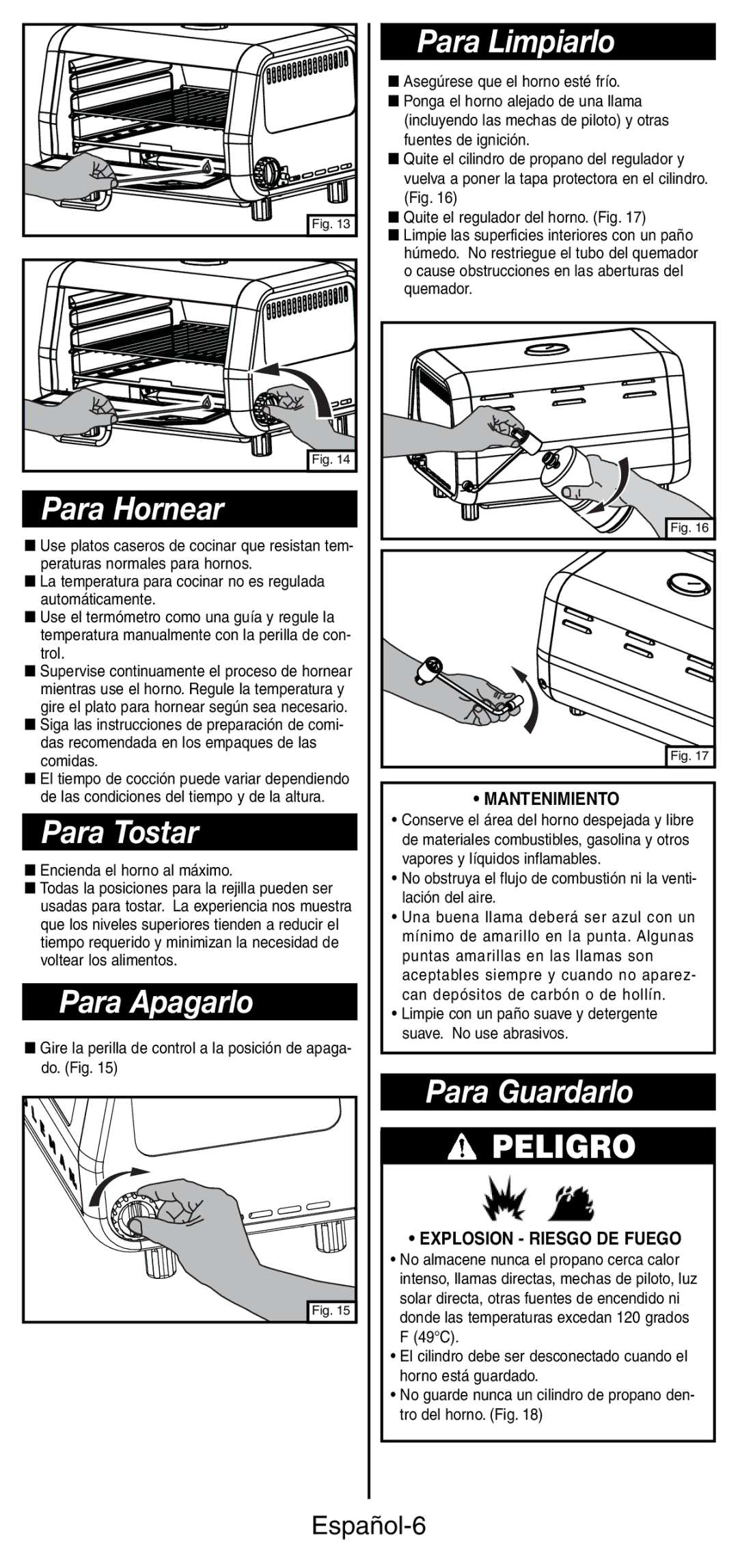 Coleman 9927 manual Para Hornear, Para Tostar, Para Apagarlo, Para Limpiarlo, Para Guardarlo 