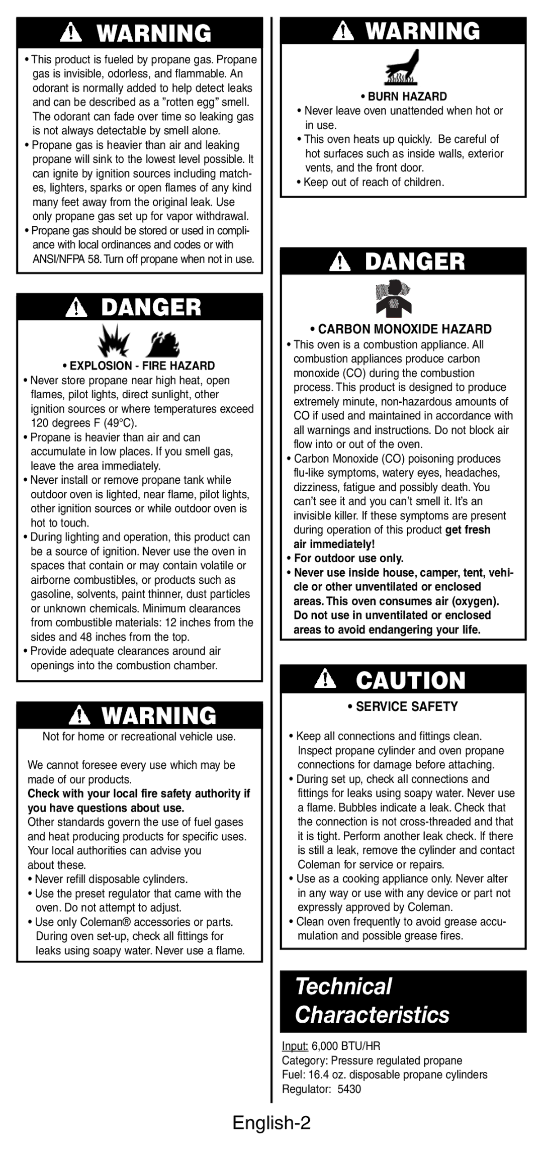 Coleman 9927 manual Technical Characteristics, English-2, Carbon Monoxide Hazard, Service Safety 