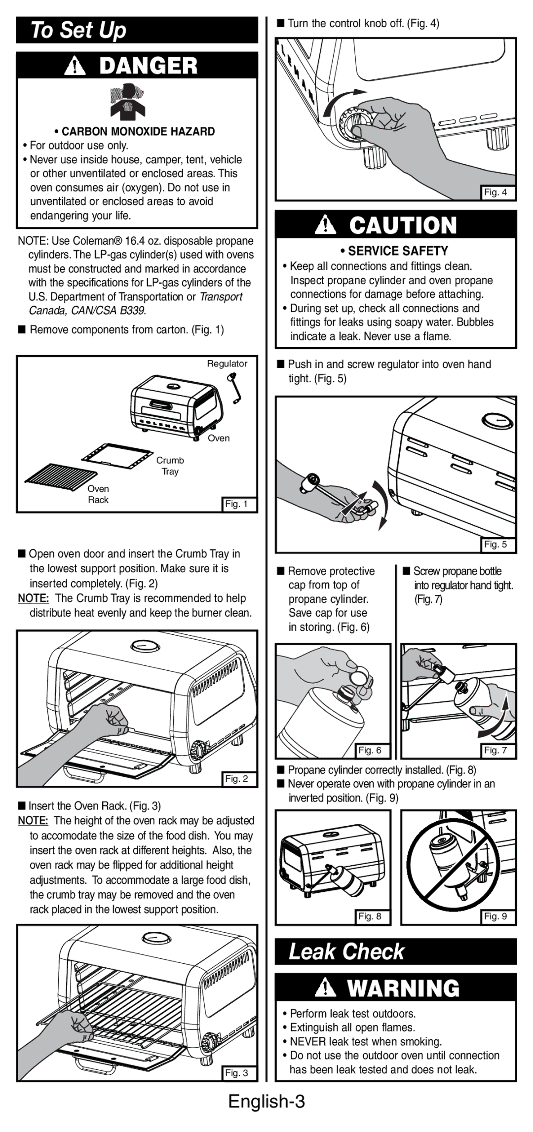 Coleman 9927 manual To Set Up, Leak Check, English-3, Carbon Monoxide Hazard 