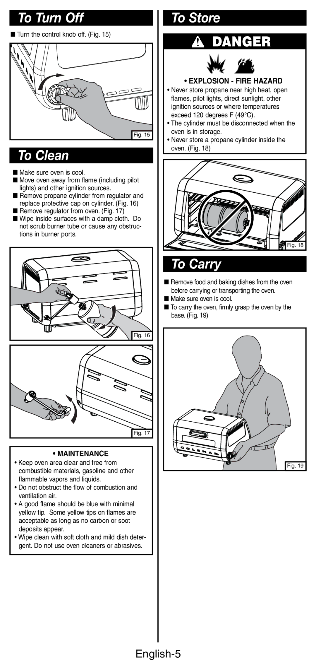 Coleman 9927 manual To Turn Off, To Clean, To Store, To Carry, English-5 