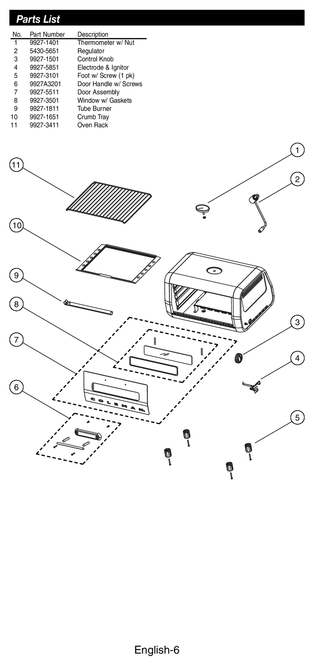 Coleman 9927 manual Parts List, English-6 