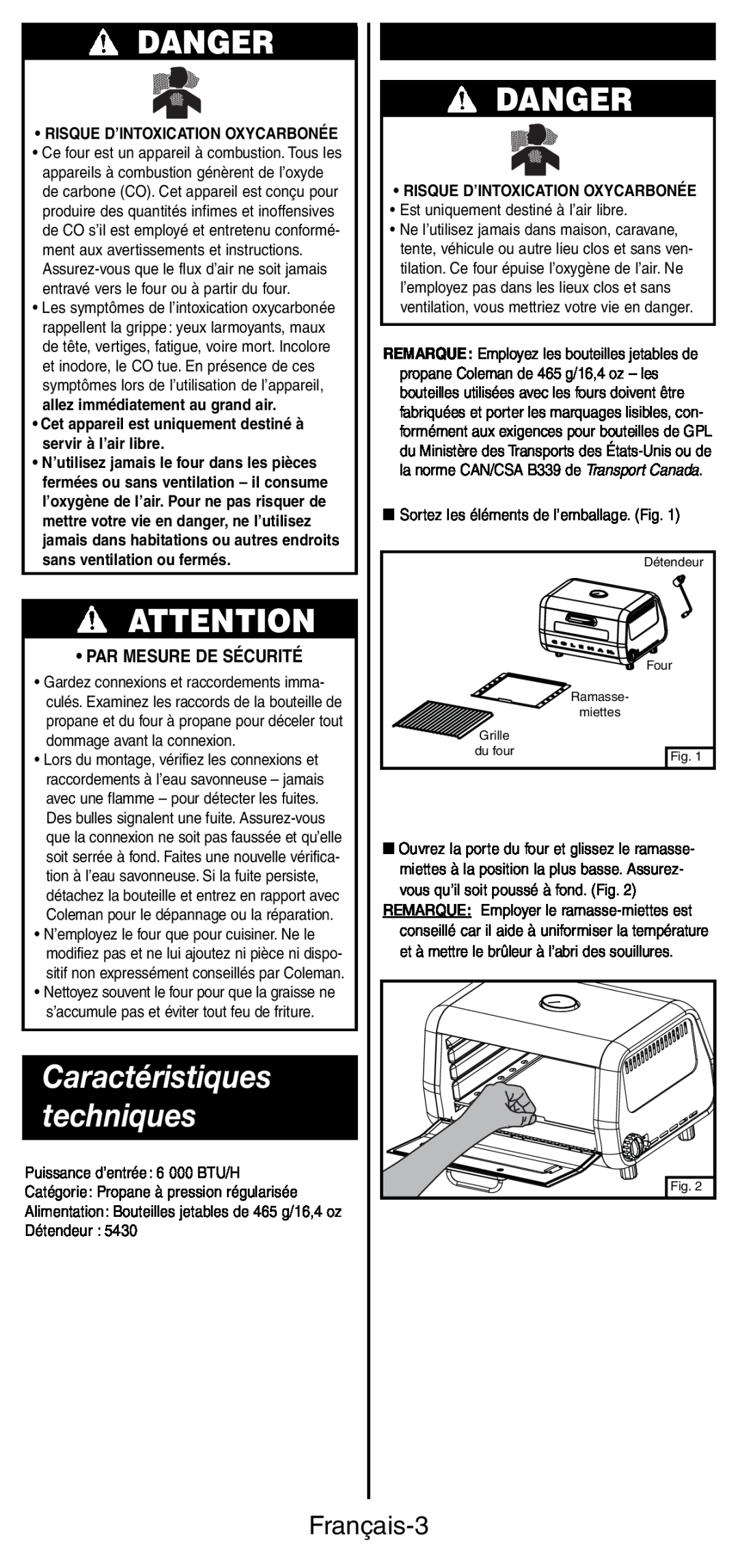 Coleman 9927 manual Danger, Mise en place, Caractéristiques techniques, Français-3, •Par Mesure De Sécurité 