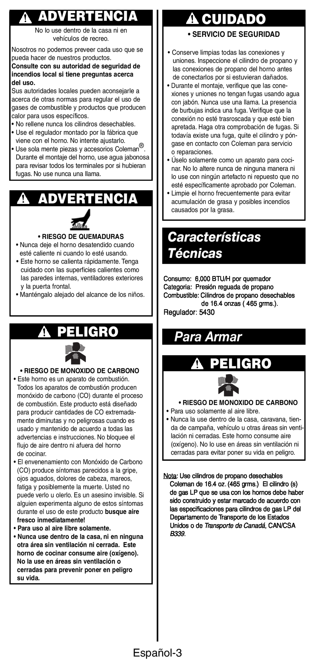 Coleman 9927 manual Características Técnicas, Para Armar, Advertencia, Peligro, Cuidado, Español-3, •Servicio De Seguridad 