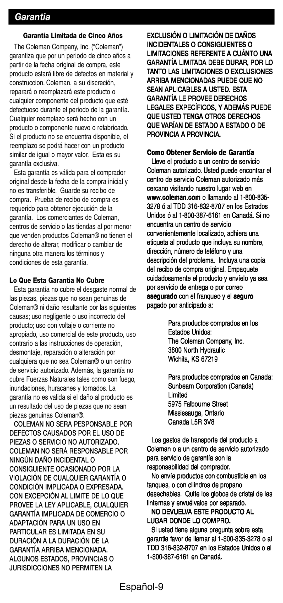 Coleman 9927 manual Español-9, Garantía Limitada de Cinco Años, Lo Que Esta Garantia No Cubre, The Coleman Company, Inc 