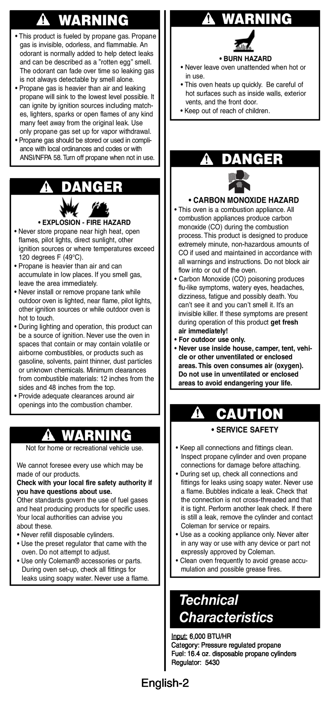 Coleman 9927 manual Technical Characteristics, Danger, English-2, •Carbon Monoxide Hazard, •Service Safety, •Burn Hazard 