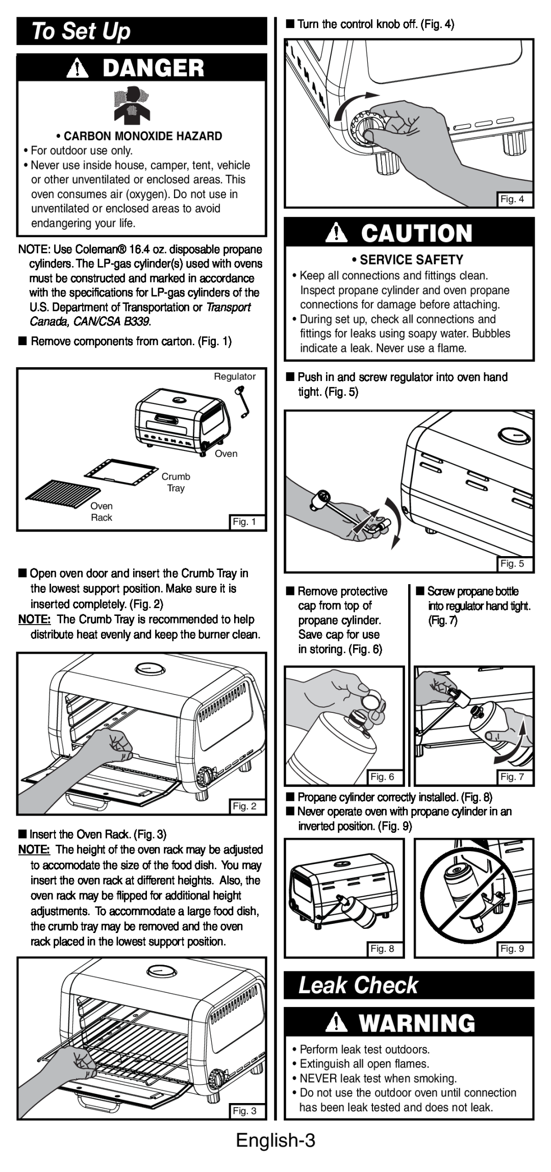 Coleman 9927 manual To Set Up, Leak Check, Danger, English-3, •Service Safety, •Carbon Monoxide Hazard 
