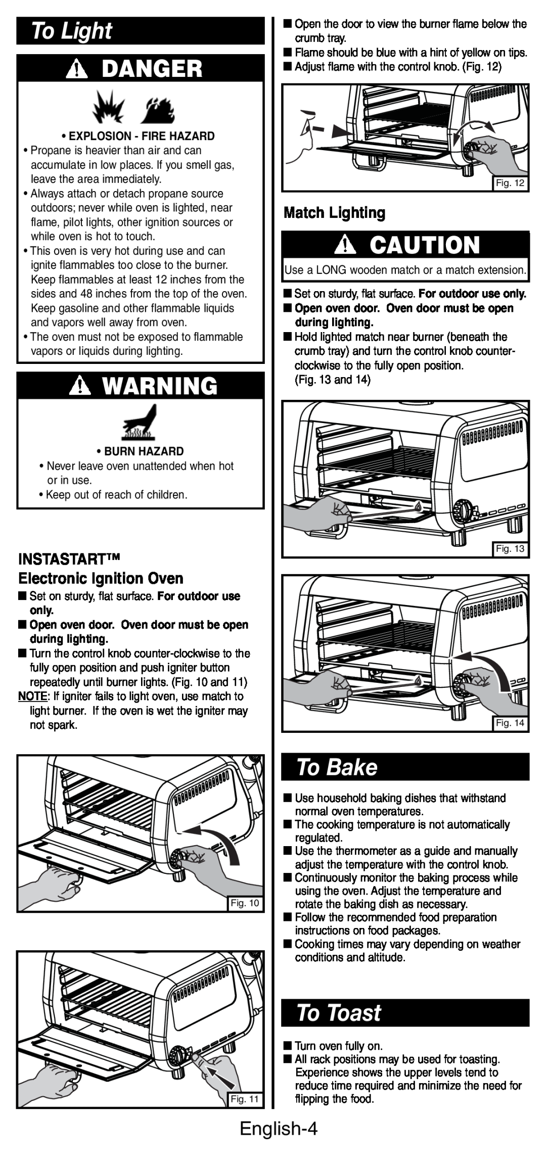 Coleman 9927 manual To Light, To Bake, To Toast, Danger, English-4, INSTASTART Electronic Ignition Oven, Match Lighting 