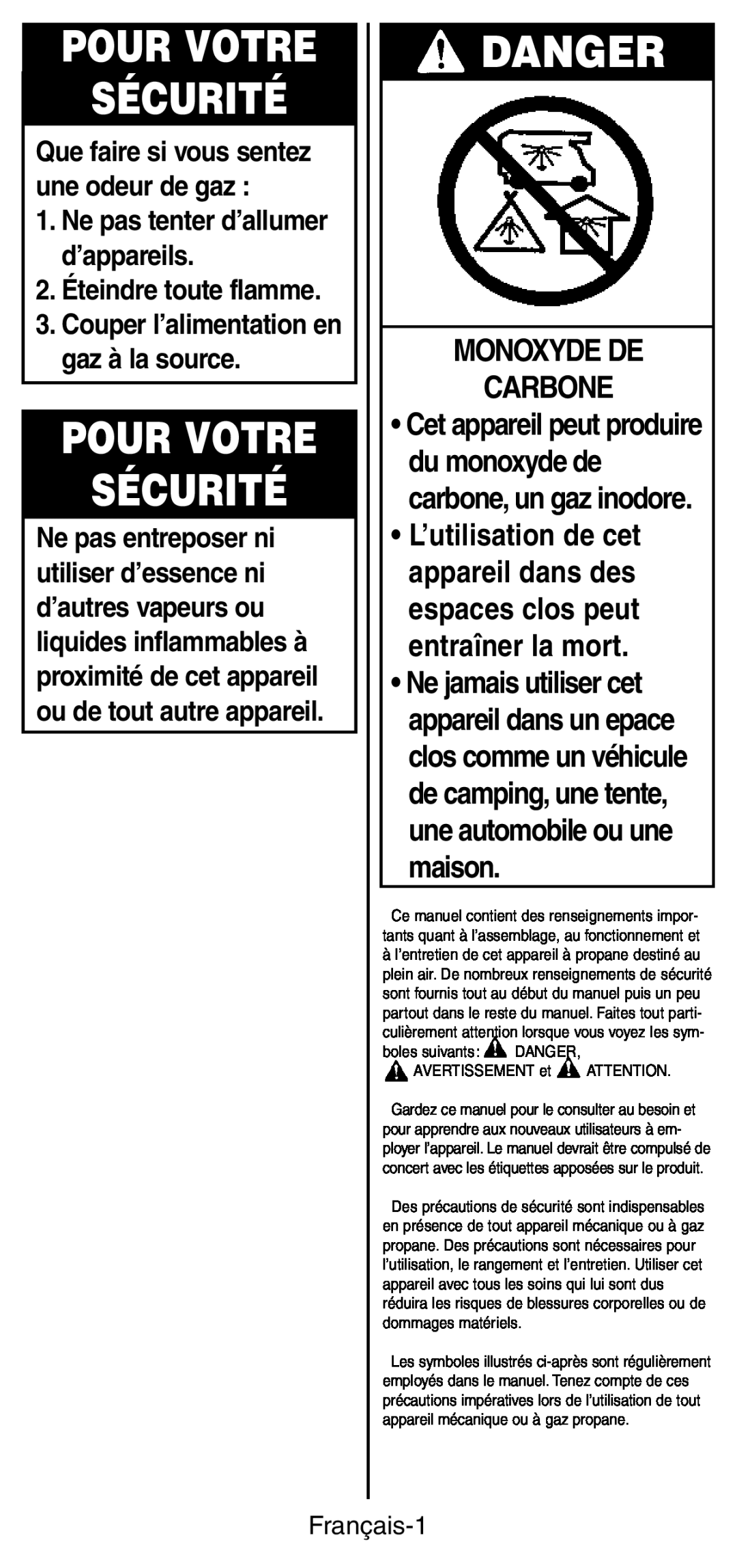 Coleman 9927 manual Pour Votre Sécurité, Monoxyde De Carbone, Danger, Ne pas tenter d’allumer d’appareils, Français-1 