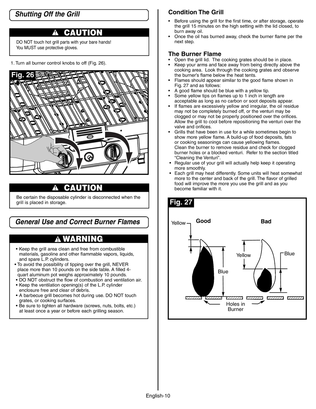 Coleman 9928 Series manual Shutting Off the Grill, General Use and Correct Burner Flames, Condition The Grill 