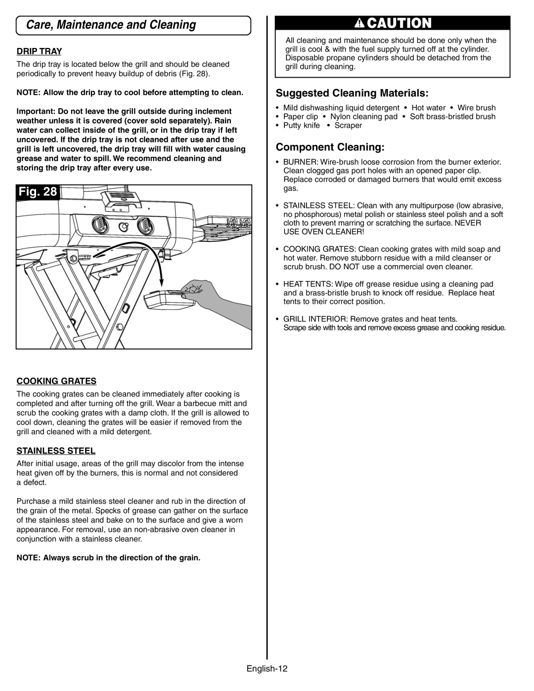 Coleman 9928 Series manual Care, Maintenance and Cleaning, Suggested Cleaning Materials, Component Cleaning 