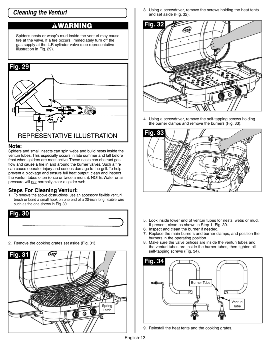 Coleman 9928 Series Cleaning the Venturi, Steps For Cleaning Venturi, Reinstall the heat tents and the cooking grates 