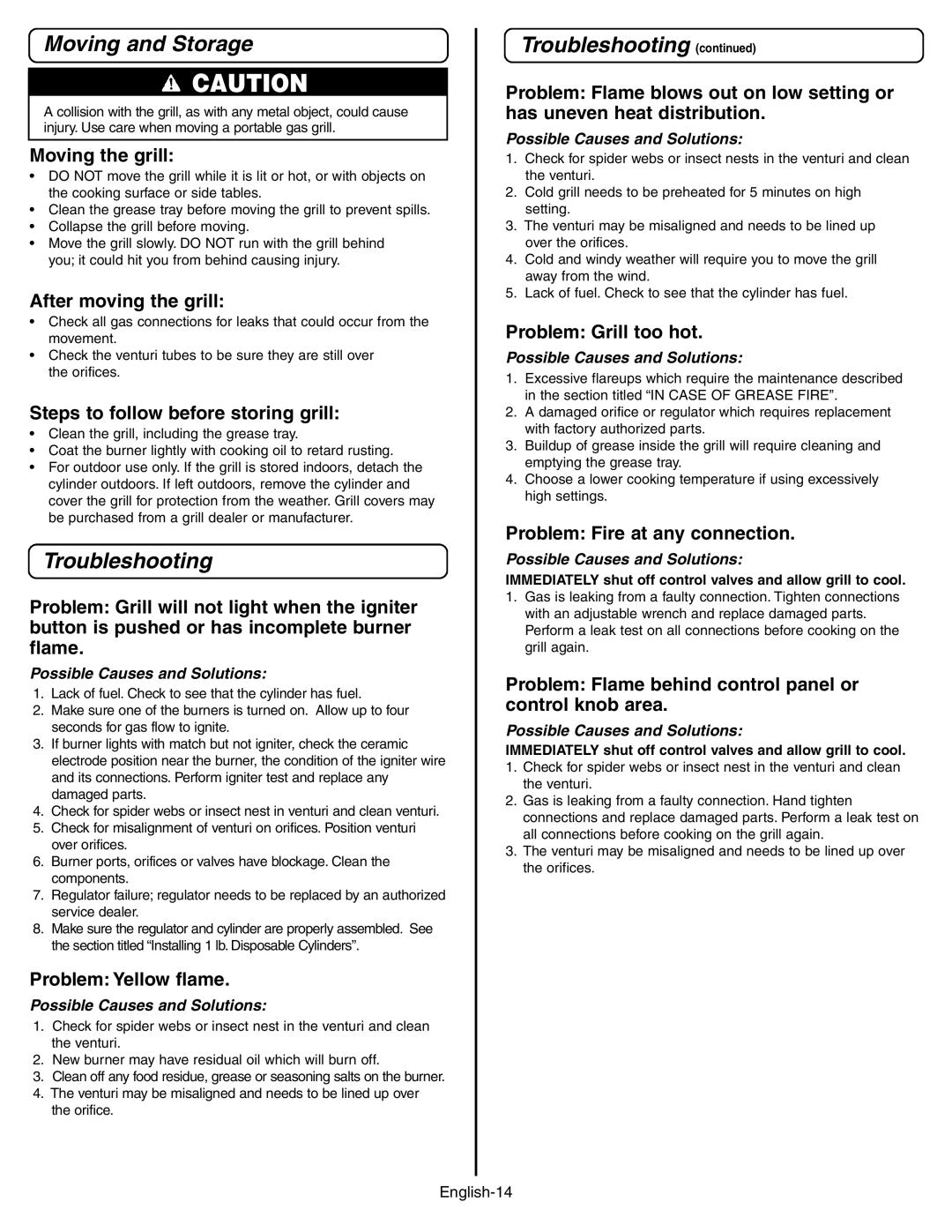 Coleman 9928 Series manual Moving and Storage, Troubleshooting 