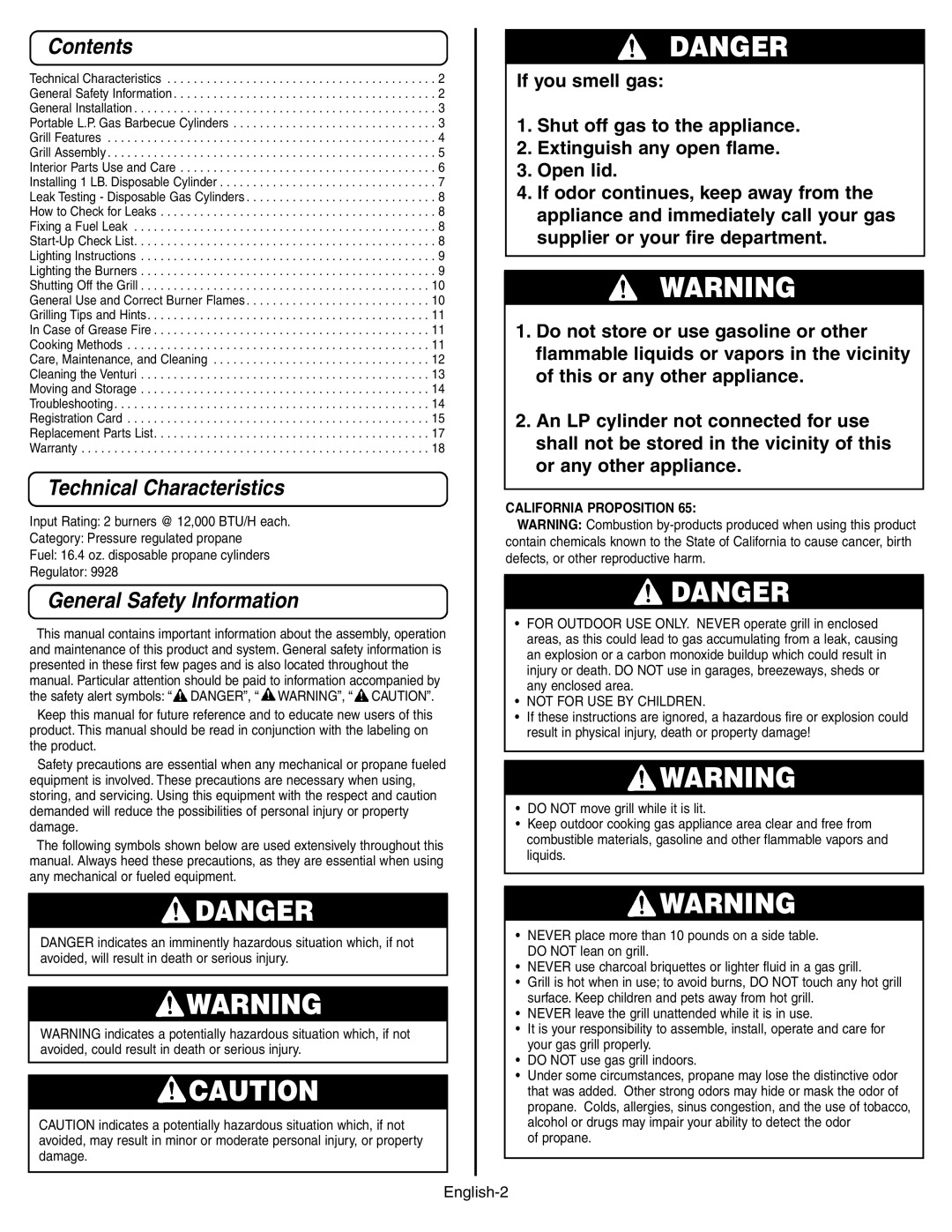 Coleman 9928 Series manual Contents, Technical Characteristics, General Safety Information 