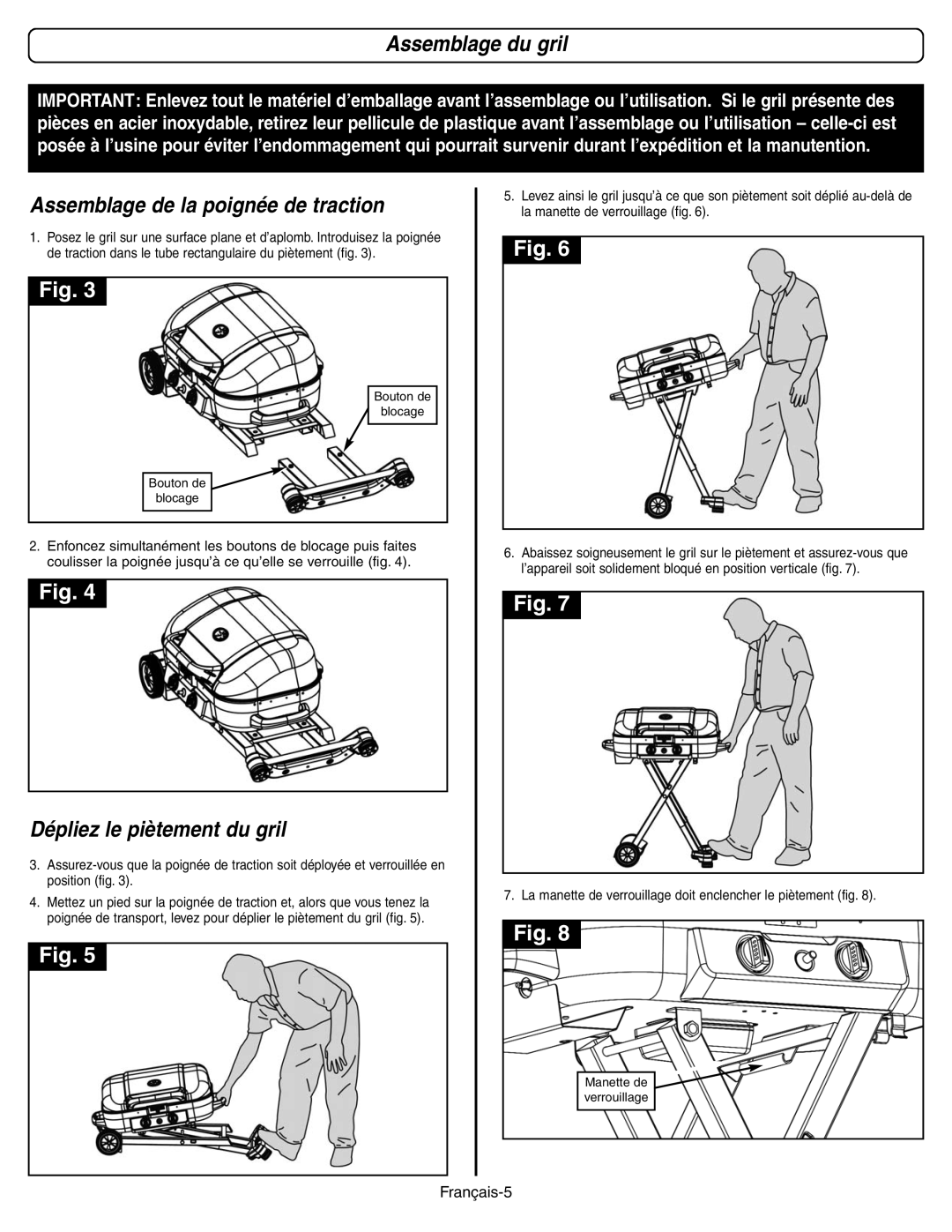 Coleman 9928 Series manual Assemblage du gril, Assemblage de la poignée de traction, Dépliez le piètement du gril 