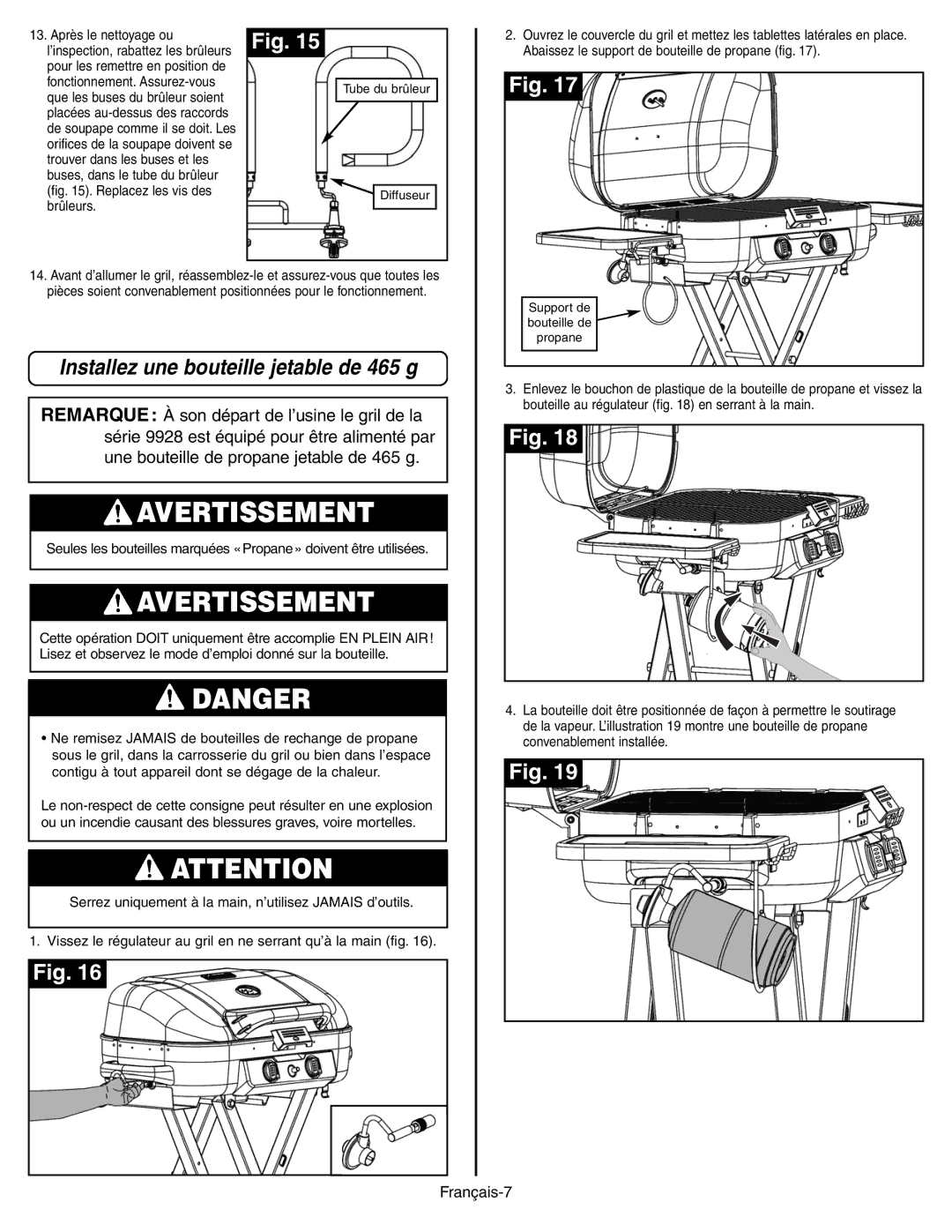 Coleman 9928 Series manual Installez une bouteille jetable de 465 g, Après le nettoyage ou, Fonctionnement. Assurez-vous 