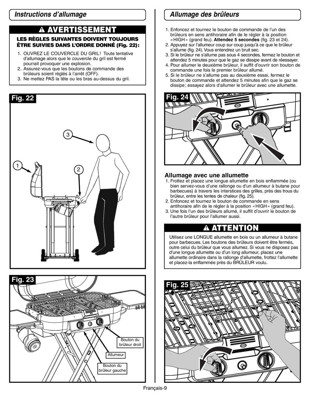 Coleman 9928 Series manual Instructions d’allumage, Allumage des brûleurs, Allumage avec une allumette 