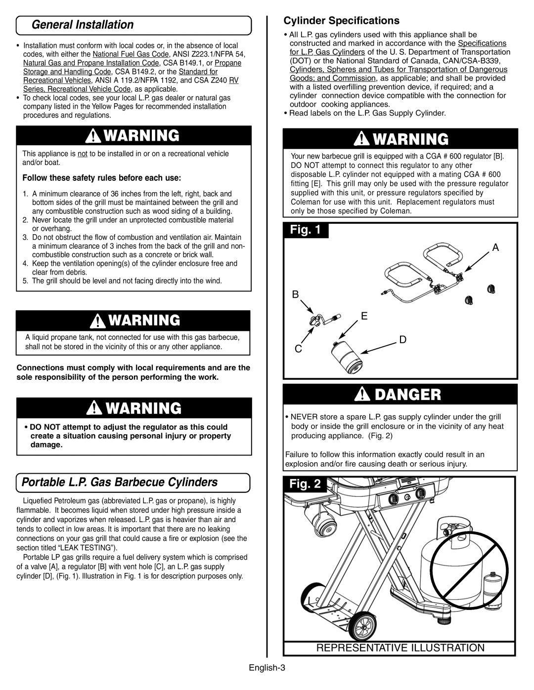 Coleman 9928 Series manual General Installation, Portable L.P. Gas Barbecue Cylinders, Cylinder Specifications 