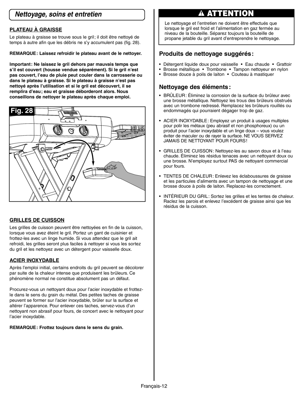 Coleman 9928 Series manual Nettoyage, soins et entretien, Produits de nettoyage suggérés, Nettoyage des éléments 