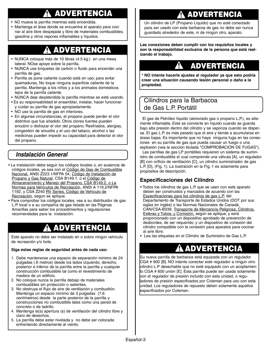 Coleman 9928 Series manual Instalación General, Especificaciones del Cilindro, No mueva la parrilla mientras está encendida 