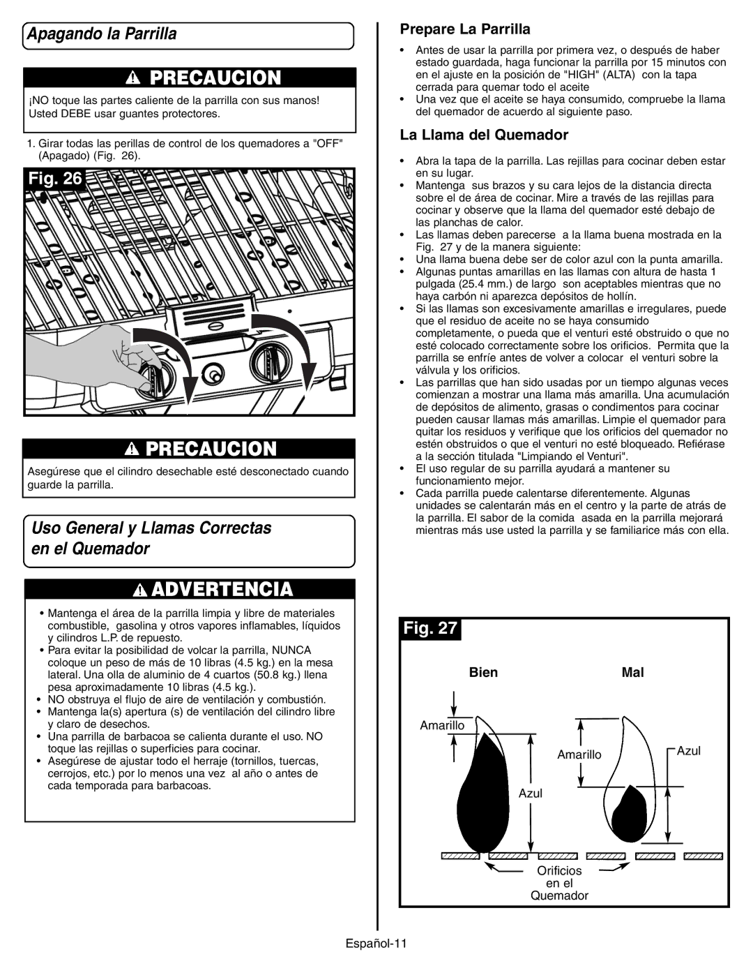 Coleman 9928 Series manual Apagando la Parrilla, Uso General y Llamas Correctas en el Quemador, Prepare La Parrilla 