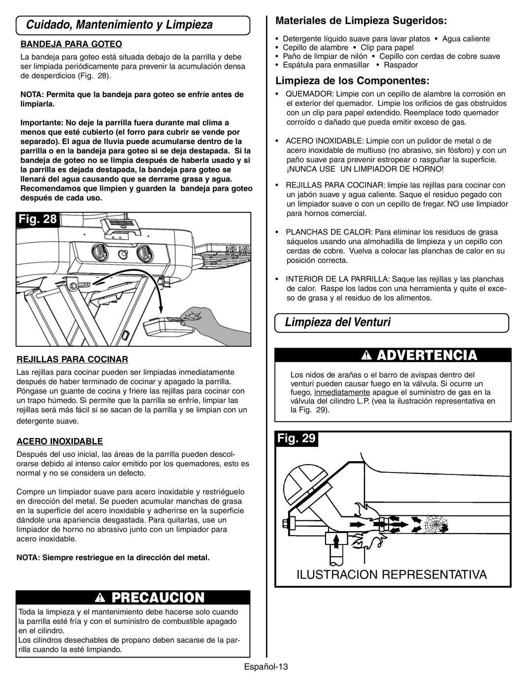 Coleman 9928 Series manual Cuidado, Mantenimiento y Limpieza, Limpieza del Venturi, Materiales de Limpieza Sugeridos 