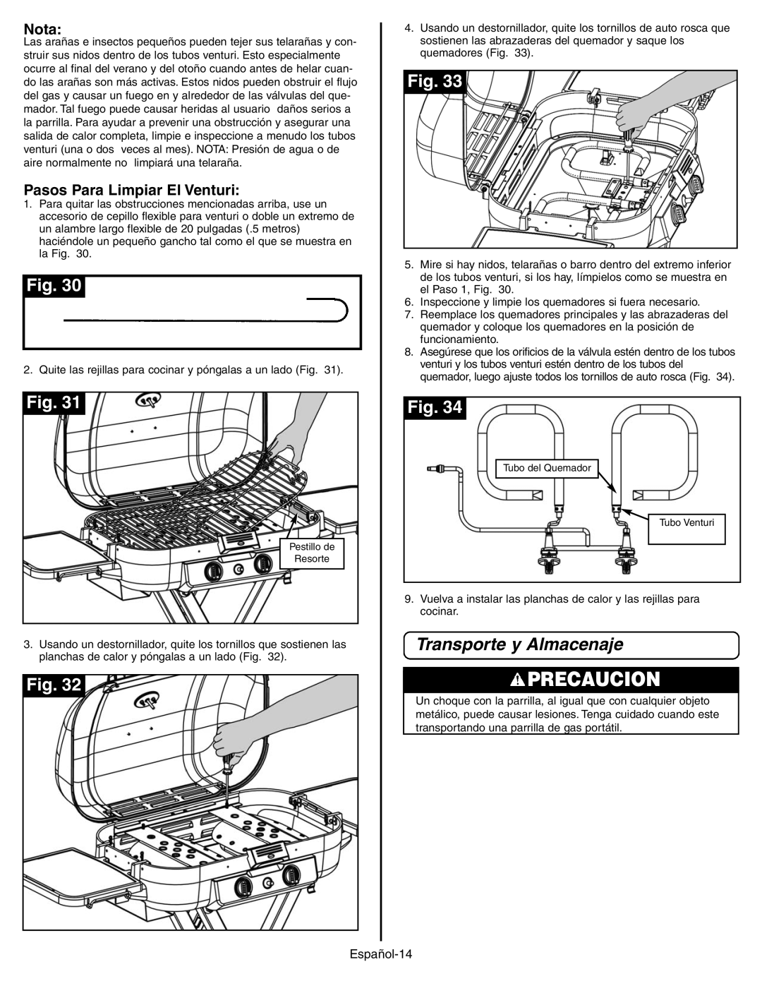 Coleman 9928 Series manual Transporte y Almacenaje, Pasos Para Limpiar El Venturi 