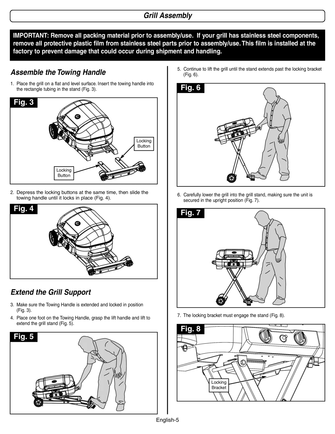 Coleman 9928 Series manual Grill Assembly, Assemble the Towing Handle, Extend the Grill Support 