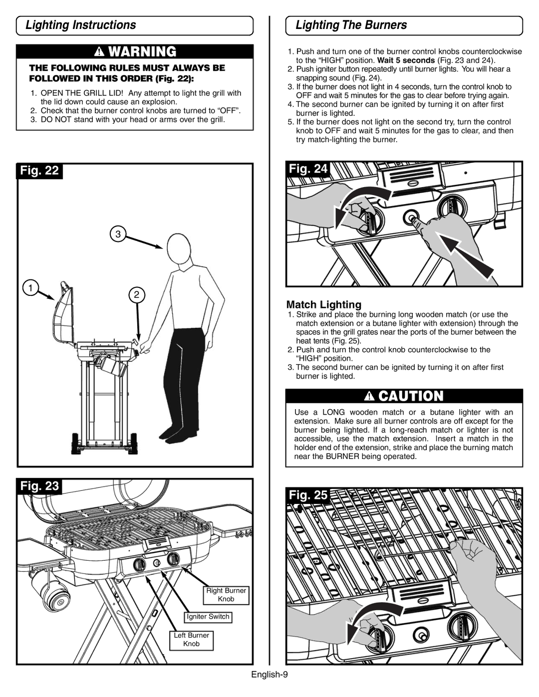 Coleman 9928 Series manual Lighting Instructions, Lighting The Burners, Match Lighting 