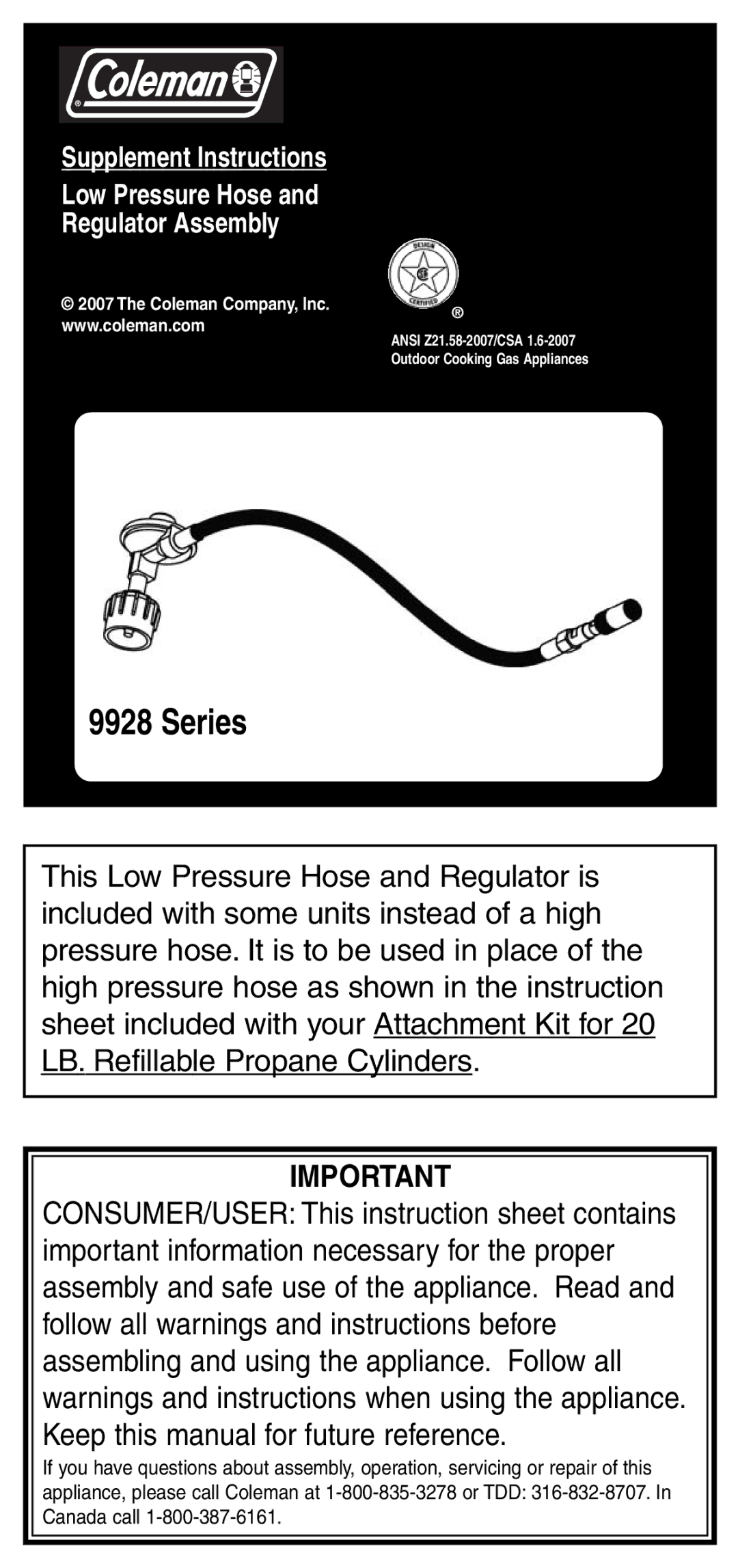 Coleman 9928 instruction sheet Series 