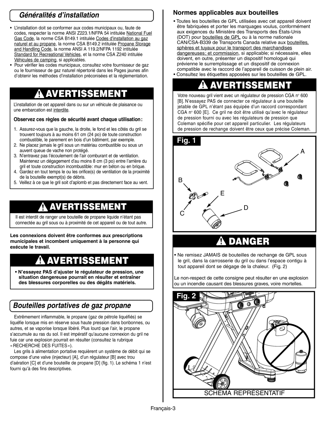 Coleman 9928 manual Généralités d’installation, Bouteilles portatives de gaz propane, Normes applicables aux bouteilles 
