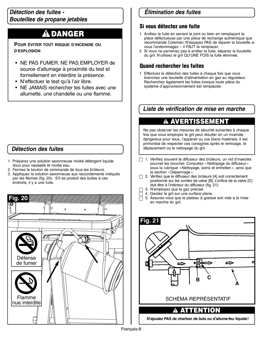 Coleman 9928 manual Détection des fuites Bouteilles de propane jetables, Élimination des fuites 