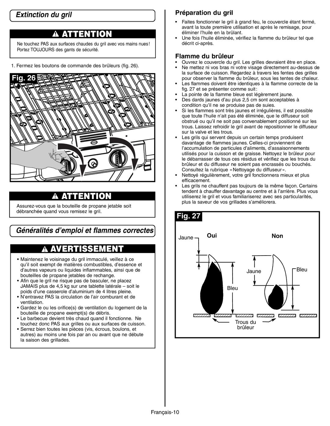 Coleman 9928 manual Extinction du gril, Préparation du gril, Flamme du brûleur 