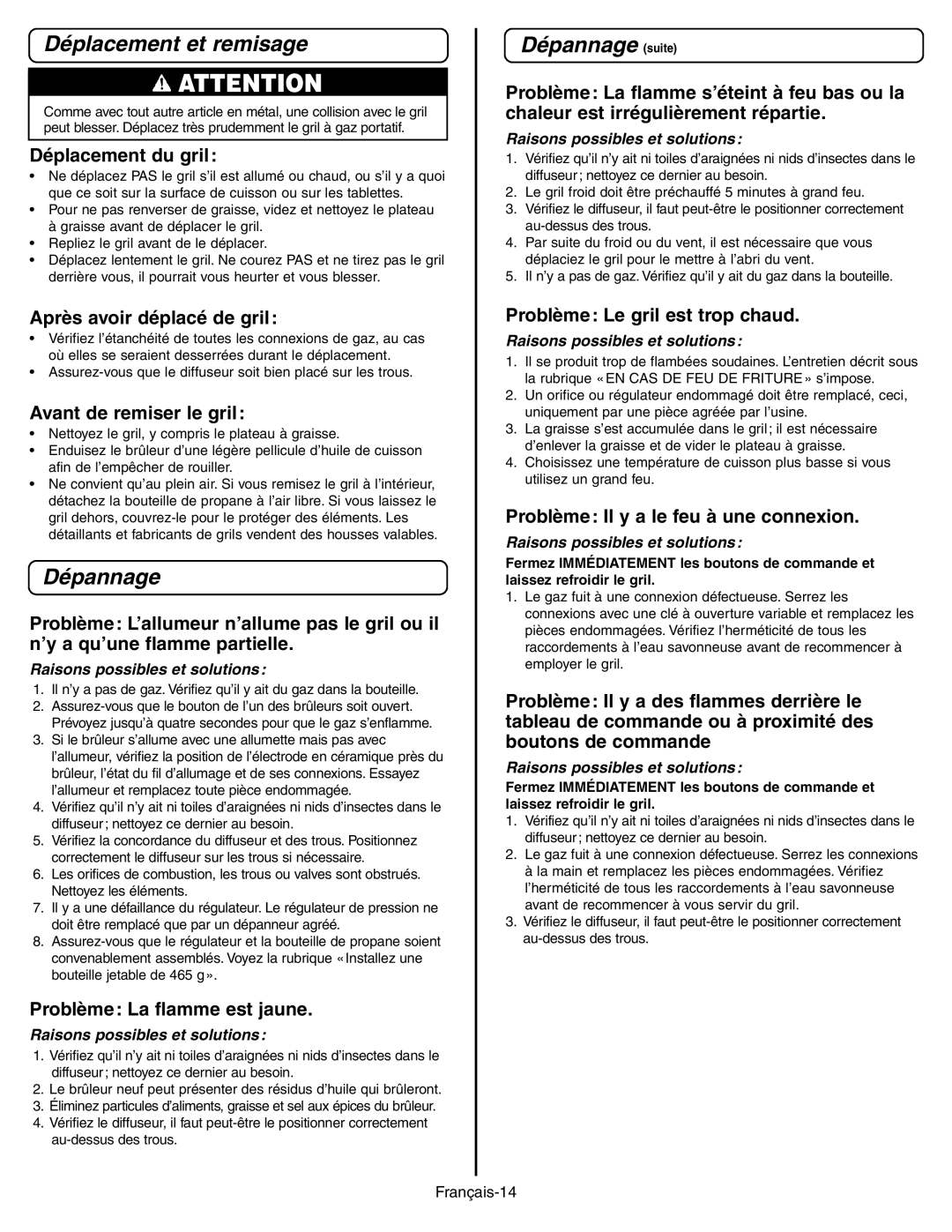 Coleman 9928 manual Déplacement et remisage, Dépannage suite 