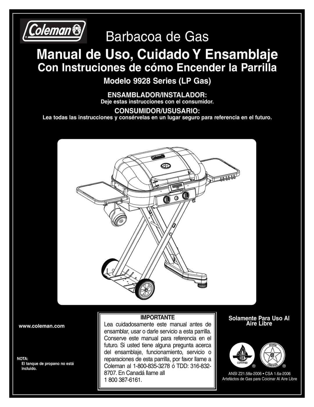 Coleman 9928 manual Manual de Uso, Cuidado Y Ensamblaje 