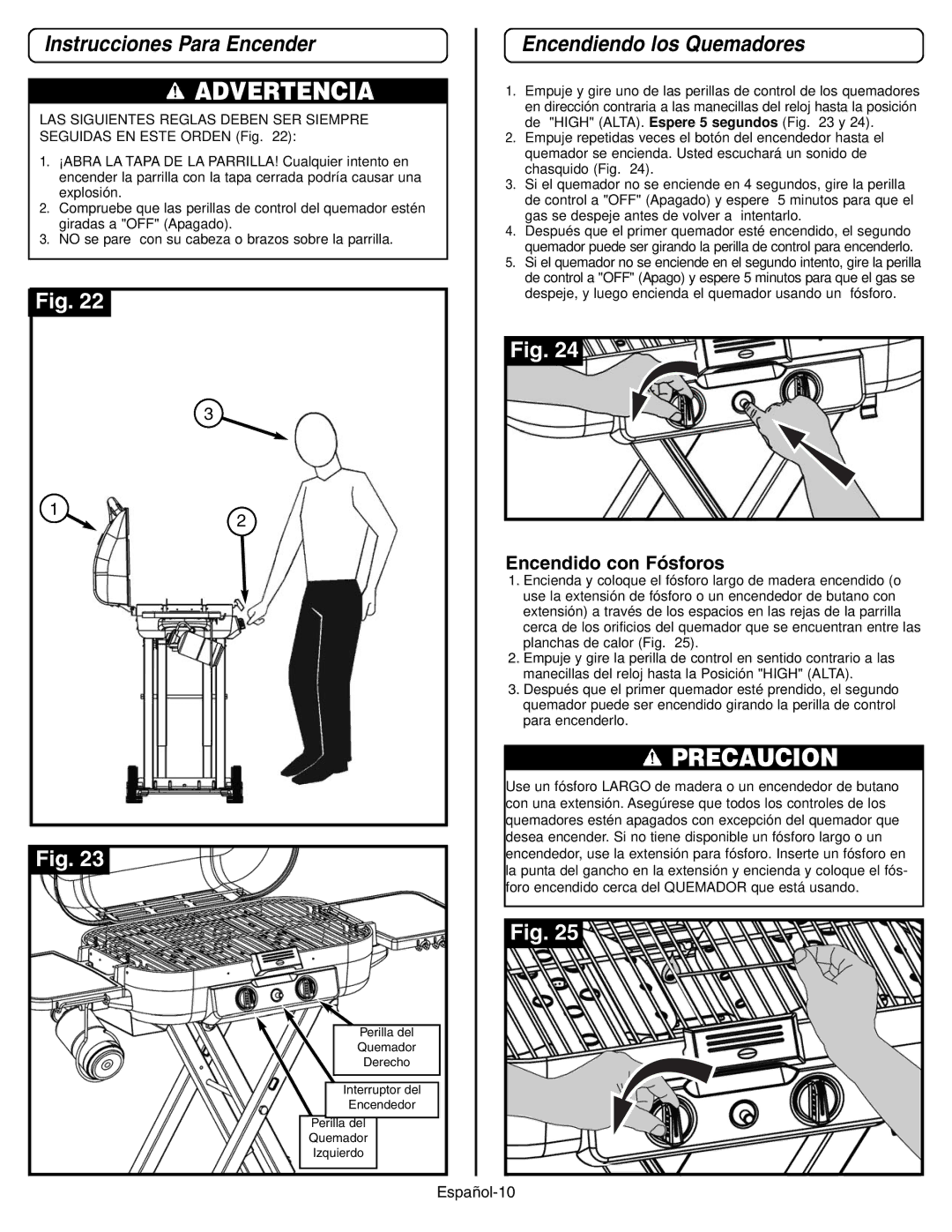 Coleman 9928 manual Instrucciones Para Encender, Encendiendo los Quemadores, Encendido con Fósforos 