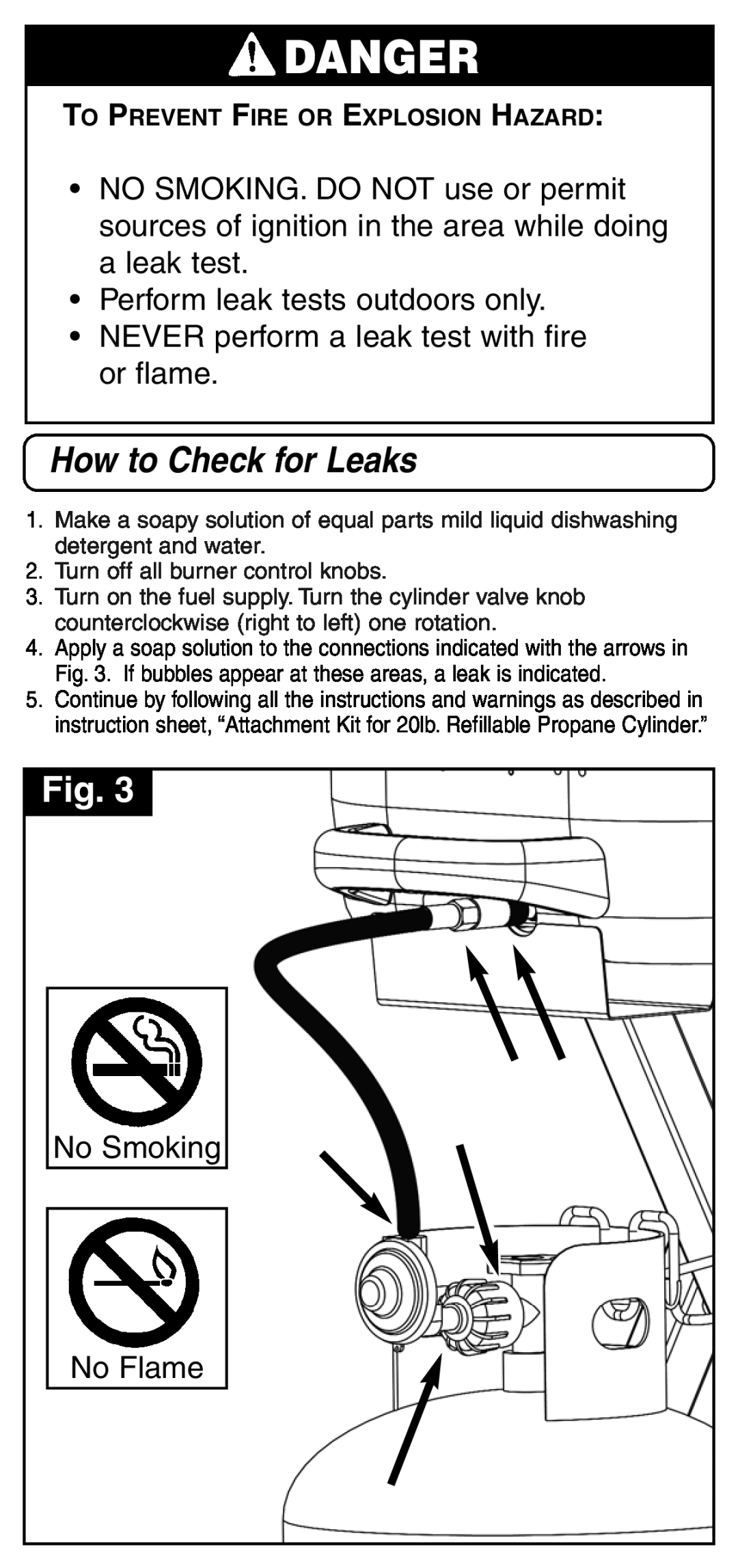 Coleman 9928 Perform leak tests outdoors only, NEVER perform a leak test with fire or flame, No Smoking No Flame, Danger 