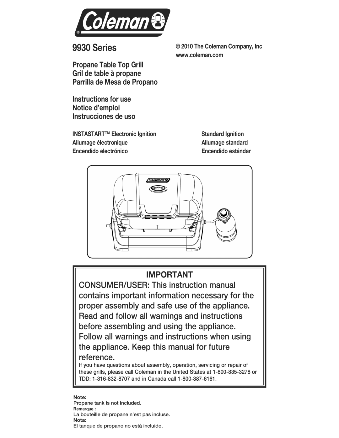 Coleman 9930 instruction manual Allumage standard, Encendido estándar, Nota 