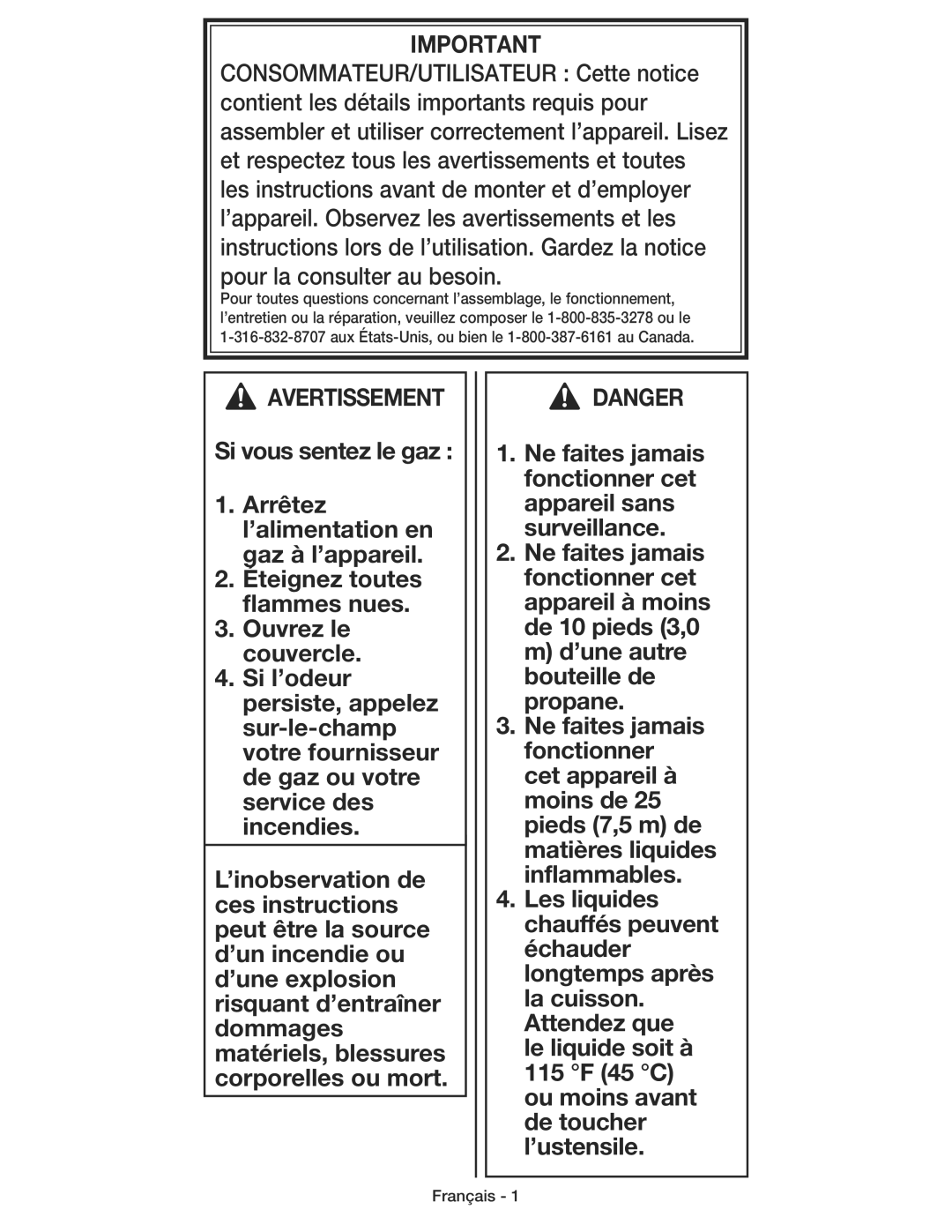 Coleman 9930 instruction manual Avertissement 