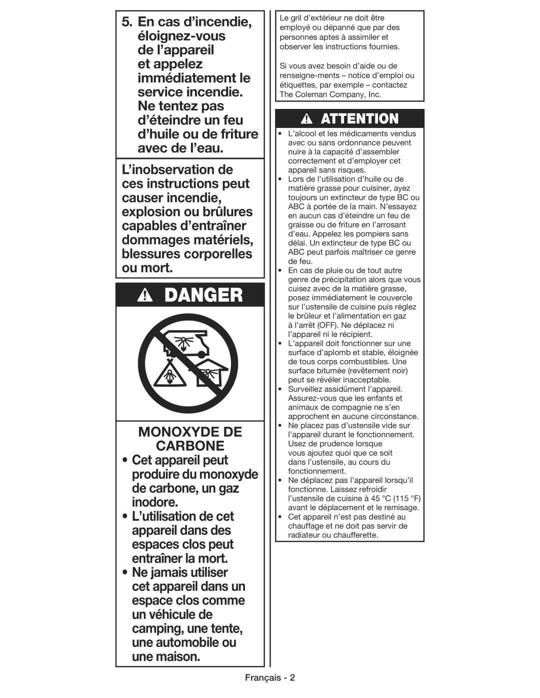 Coleman 9930 instruction manual Monoxyde DE, En cas d’incendie, éloignez-vous de l’appareil 