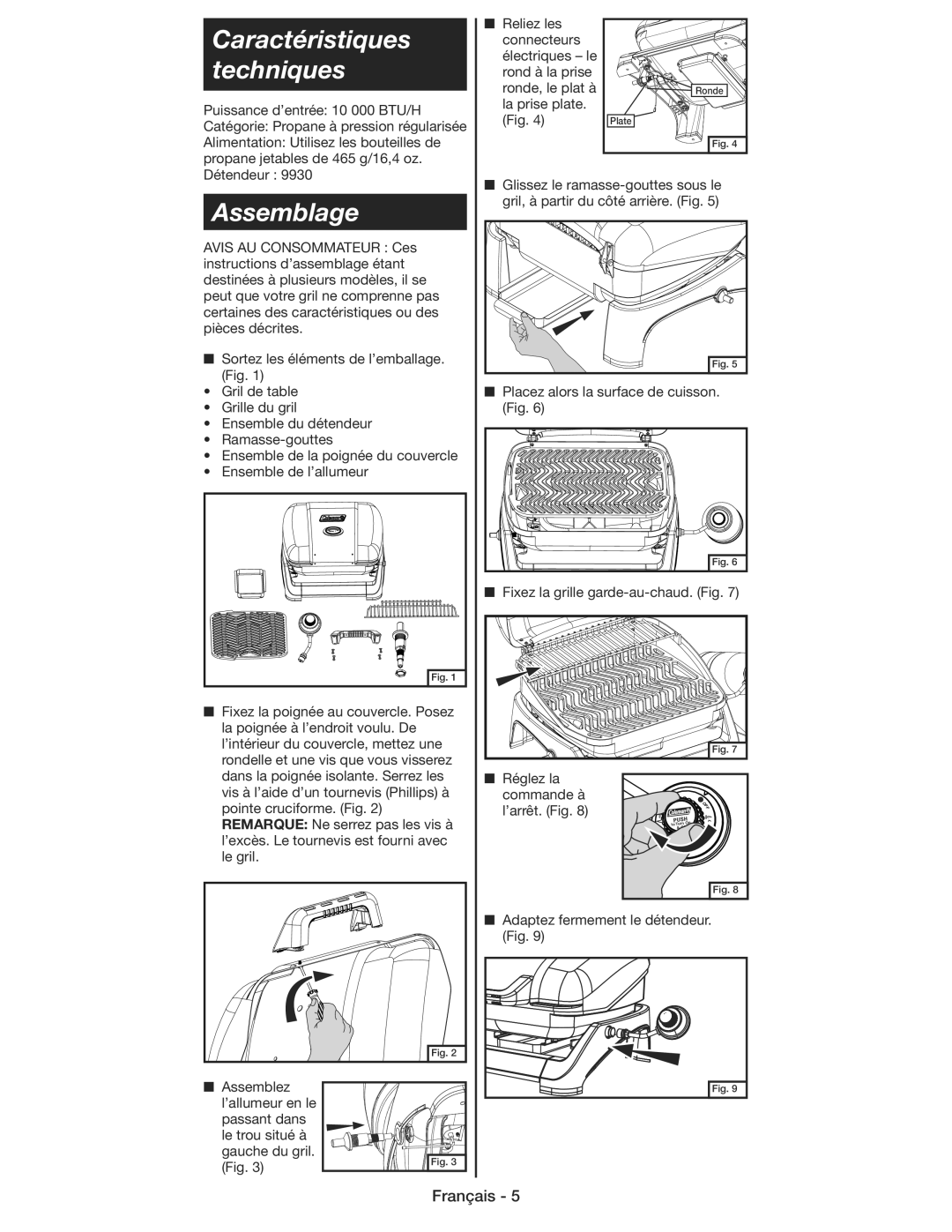 Coleman 9930 instruction manual Caractéristiques techniques, Assemblage 