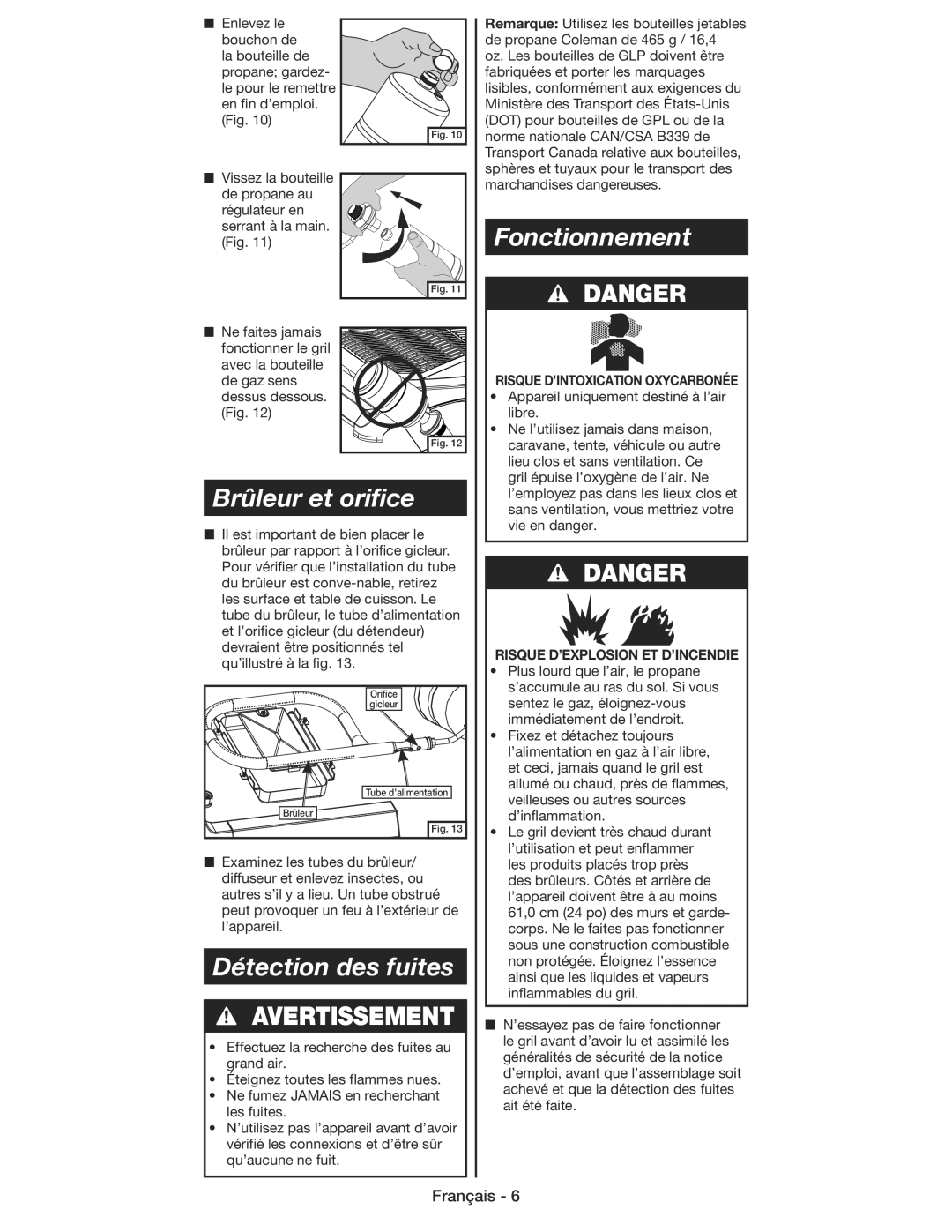 Coleman 9930 instruction manual Brûleur et oriﬁce, Détection des fuites, Fonctionnement 