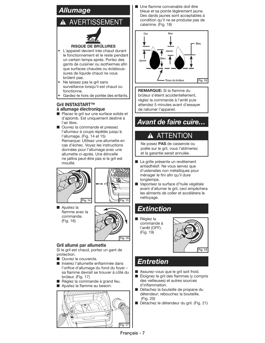 Coleman 9930 instruction manual Allumage, Avant de faire cuire…, Extinction, Entretien 