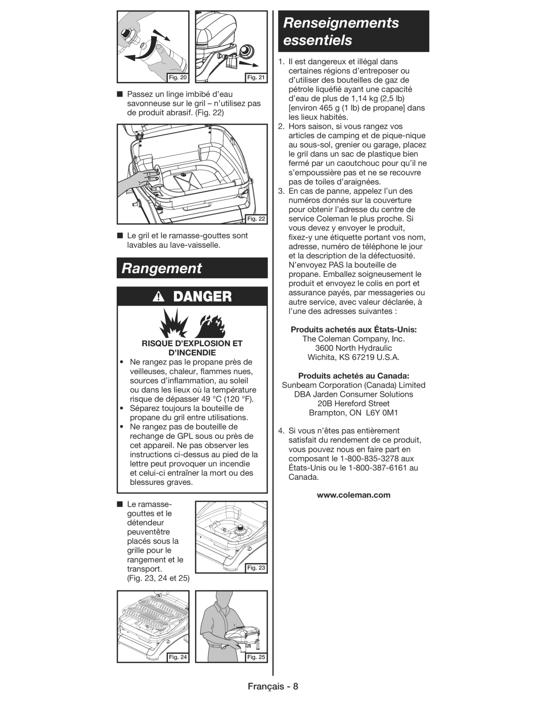 Coleman 9930 Renseignements essentiels, Rangement, Risque D’EXPLOSION ET ’INCENDIE, Produits achetés aux États-Unis 