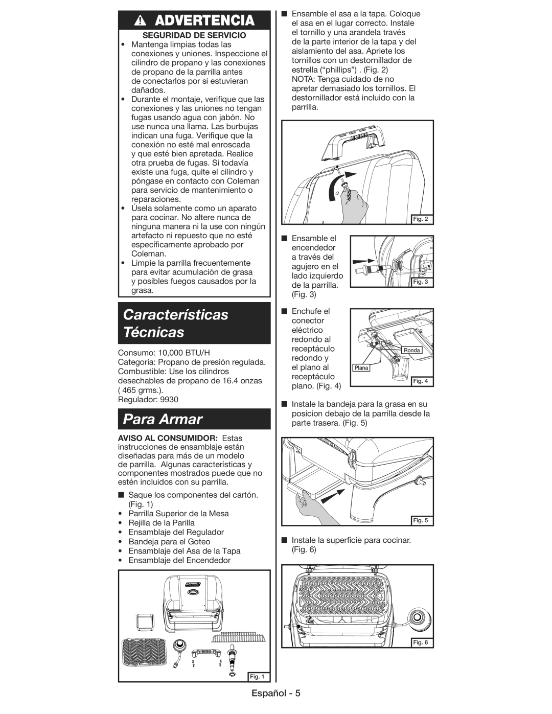 Coleman 9930 instruction manual Características Técnicas, Para Armar, Seguridad DE Servicio r Mantenga limpias todas las 