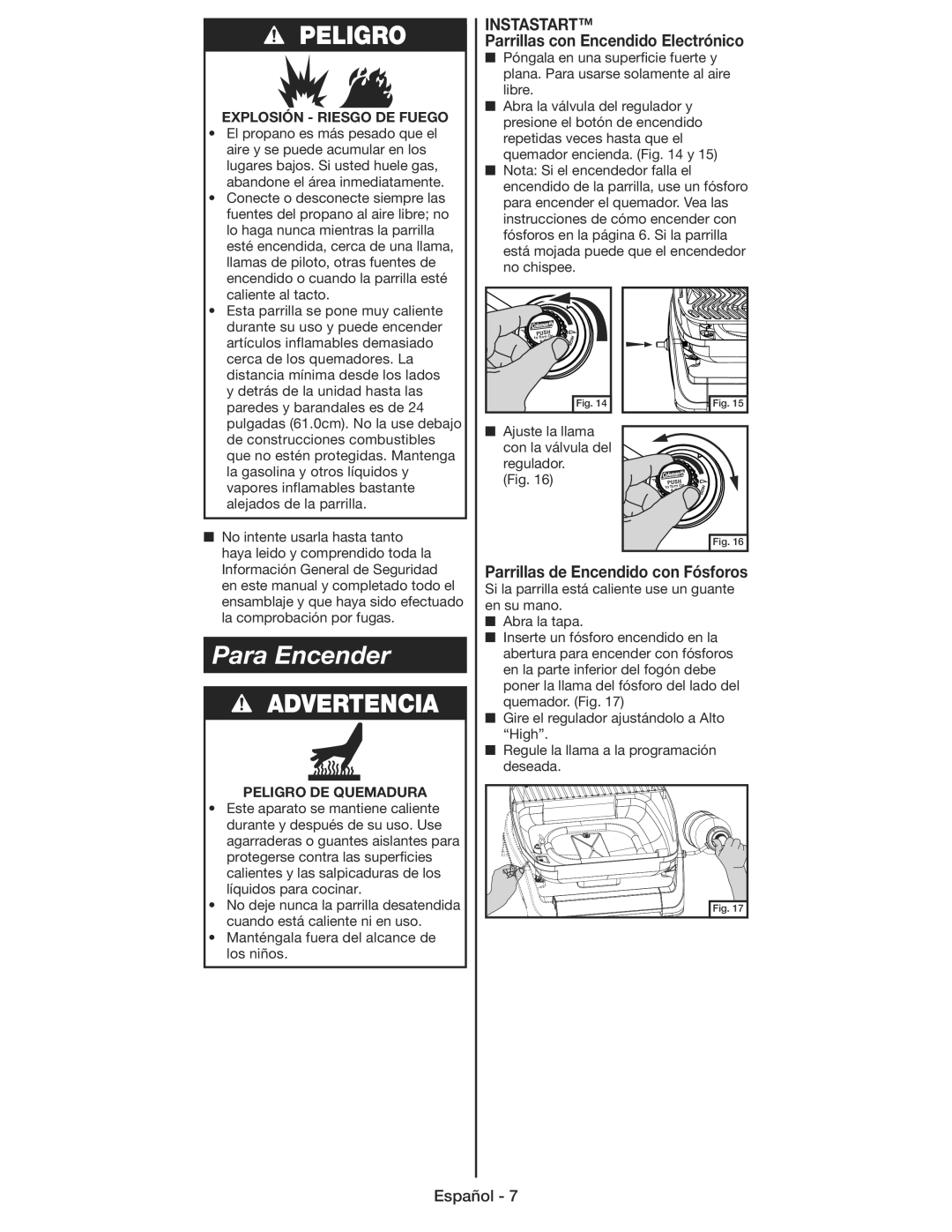 Coleman 9930 instruction manual Para Encender, Parrillas con Encendido Electrónico, Parrillas de Encendido con Fósforos 