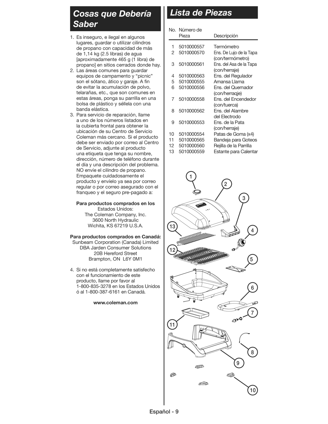 Coleman 9930 instruction manual Cosas que Debería Saber, Lista de Piezas, Para productos comprados en los 